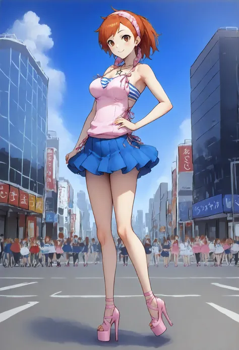 Bradtanker3-style, 1girl, tanigawa yuzu,pink camisole, striped bandeau, star necklace, blue skirt, platform ballet high heels boots 30cm,tippy toes focused super high heels,sexy ballet high heels, looking at viewer, smile, shibuya, city, full body shot,