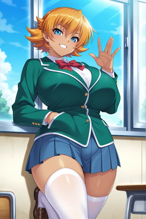 masterpiece,best quality, amazing quality, very aesthetic,anime screencap ,1girl,solo, Igawa Sakura,orange hair, short hair, flipped hair, blue eyes,curvy, huge breasts,school uniform, green jacket, pleated skirt, miniskirt, loafers, white thighhighs, open...