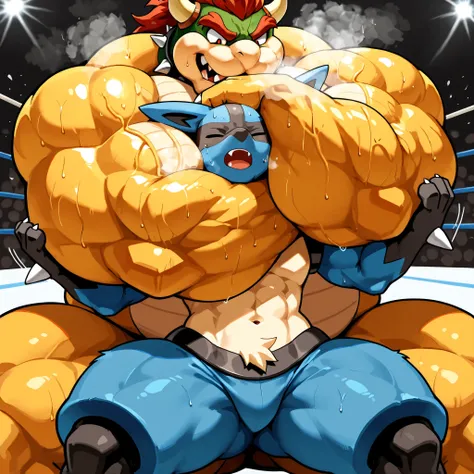 large bowser wrestler, small feral lucario, choke hold \(rnc\), wrestling, [bowser:heavy weight bulky fat plump, muscular strong giant body, big pectoral muscles, thick arms, thick thighs, wearing black glossy wrestling spandex, looking down, sweaty, smel...