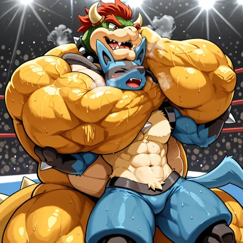 large bowser wrestler, small feral lucario, choke hold \(rnc\), wrestling, [bowser:heavy weight bulky fat plump, muscular strong giant body, big pectoral muscles, thick arms, thick thighs, wearing black glossy wrestling spandex, looking down, sweaty, smel...
