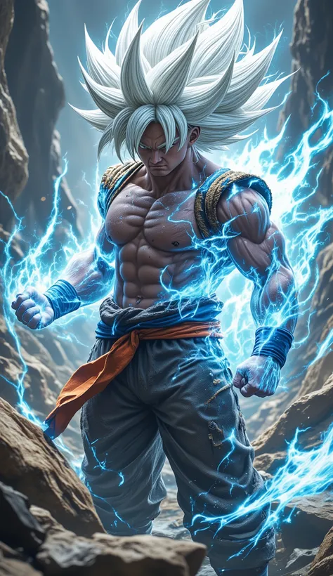 Son Goku in Ultra Instinct mode, intense artistic style, white glowing hair flowing upward, piercing silver eyes radiating calm power, surrounded by shimmering blue and silver aura, dynamic pose ready to strike, shredded battle-worn clothes, muscular physi...