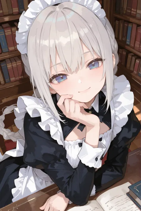 best quality, girl, smile, classic maid costume, flat chest, silver hair ,long braid, blue eyes, library , rest one's chin on one's desk, from above, look at viewer, in the nigth,