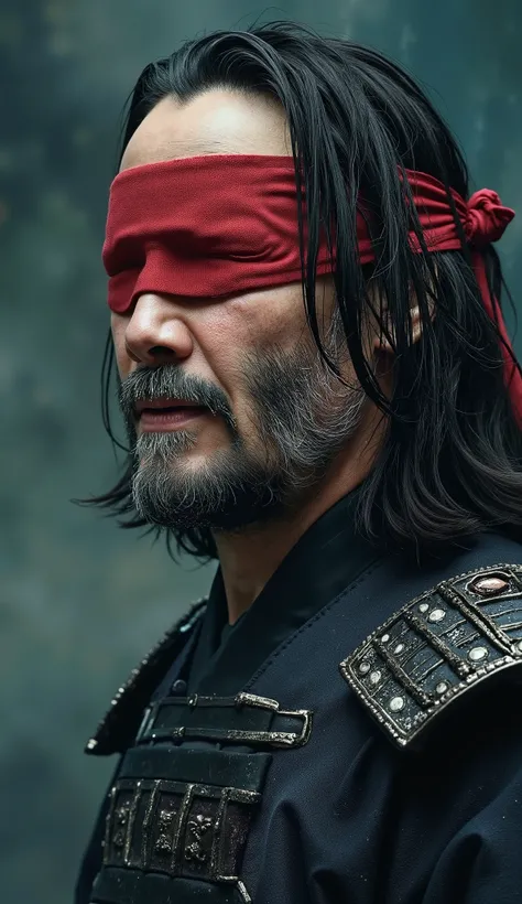 Keanu Reaves like Kenji, hyper realistic and bright image, with your eyes covered with a red cloth band, samurai clothing detailed and realistic textures a hyper realistic image close up upper body hyperdetailed textures the background of a scenario with h...