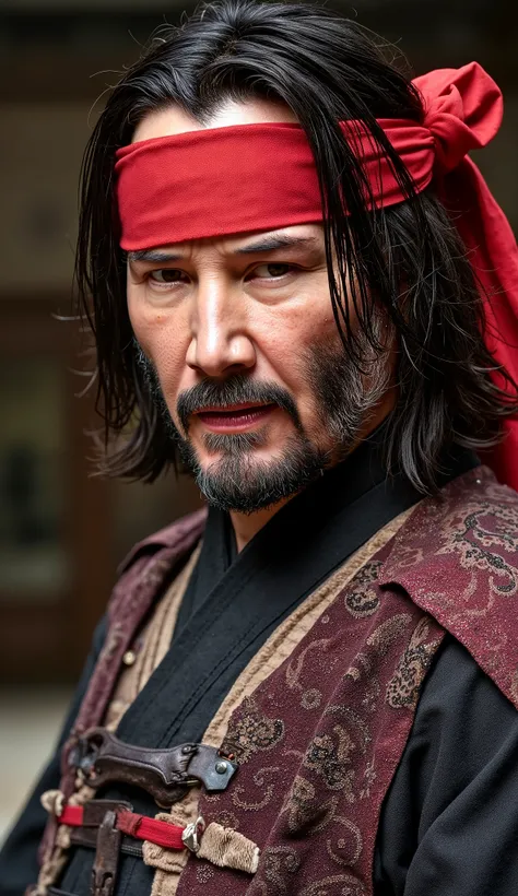 Keanu Reaves like Kenji, hyper realistic and bright image, with your eyes covered with a red cloth band, samurai clothing detailed and realistic textures a hyper realistic image close up upper body hyperdetailed textures the hyper realistic background with...