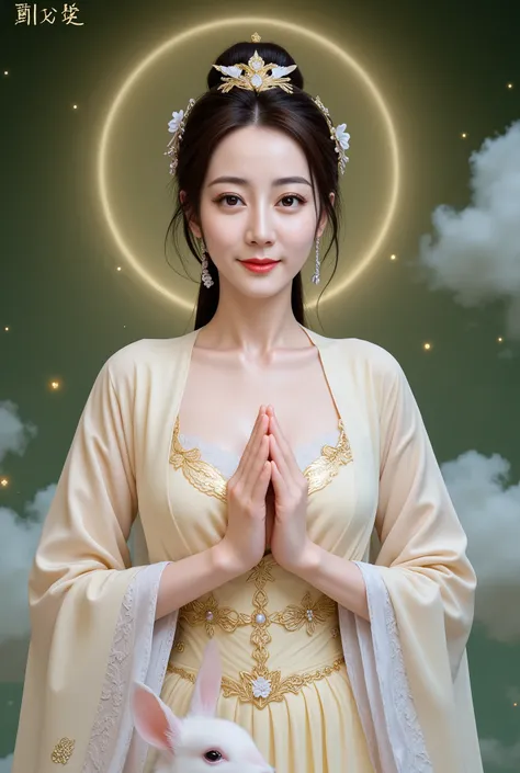 Chang'e, Chinese moon goddess in light yellow traditional dress standing gently on the golden cloud, night sky and full moon background, a cute white rabbit, glowing aura of compassion, traditional art with floral patterns and golden trim