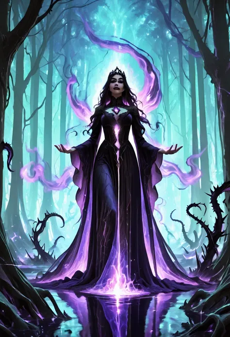 An abstract digital wave of an evil character takes form, a dark fairy tale figure with flowing raven hair that sways like shadows in the night. Dressed in a deep purple gown, it billows with the essence of dark magic, swirling in fantastical patterns that...