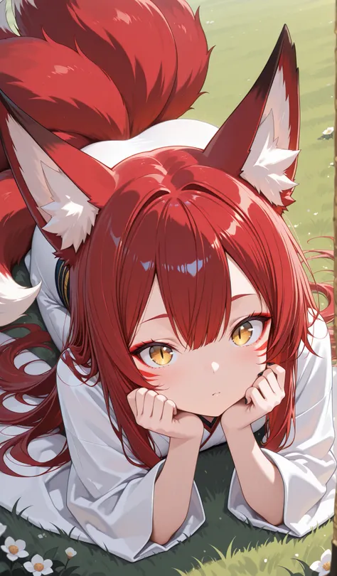 masterpiece,best quality,amazing quality,very aesthetic,absurdres BREAK 1girl,solo,animal ears,fox ears,tail,facial mark,fox tail,japanese clothes,red hair, long hair, long sidelocks, looking at viewer,kimono,Nine tailed fox girl ,nail polish,slit pupils,f...