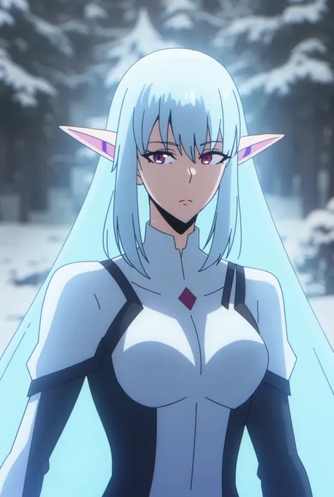 A white haired elf beautiful girl anime character, upper body, in a snowy weather and with super natural ice powers, wearing a battle suit and with the serious expression on her face _solo leveling anime style_