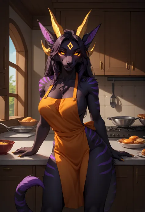 alone, score_9,score_8_up,score_7_up, anthro, female, Eothos, ((front view)), ((looking at viewer)), furred dragon, golden mark on forehead, front half of body black with golden stripes, black muzzle, black long black ears, long straight golden horns, gold...