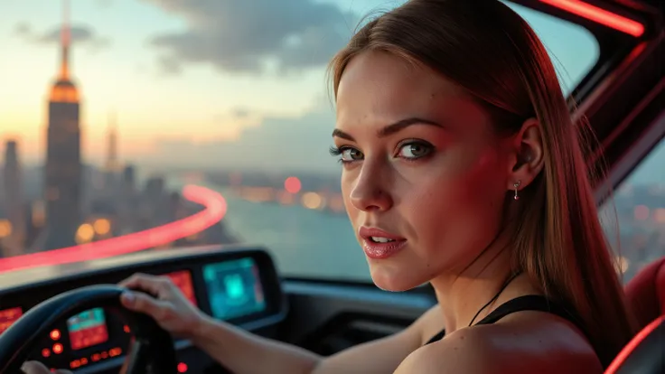 Close-up shot of a super-powered girl's intense gaze, eyes aglow with energy, as she expertly pilots her sleek light ship amidst the golden hour sky. The warm sunlight casts a radiant glow on her determined face, illuminated by the cockpit window showcasin...