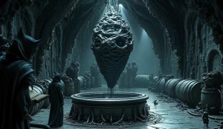Prompt:
"Within a subterranean sanctum carved from black stone and madness, the brewery pulses like a living organ. Fermenters twist in impossible geometries, exhaling vapors that induce waking visions. Barrels cry in whispers, their staves warped by centu...