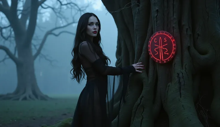 A captivating fantasy heroine resembling Megan Fox with long, wavy dark hair. She has piercing blue eyes, full lips, and a confident yet mysterious expression. Her hourglass figure with big breast is wrapped in a dark, ethereal, semi-transparent dress with...