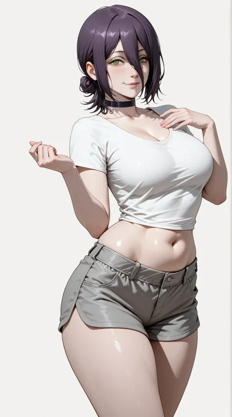 masterpiece, extremely detailed, intricate details, more details, many details, perfect skin texture, 8k, 8k resolution, solo, 1girl, adult,((fullbody)), stand up, reze (chainsaw man), sexy legs, perfect body, large breasts, white t-shirt, grey shorts, hou...