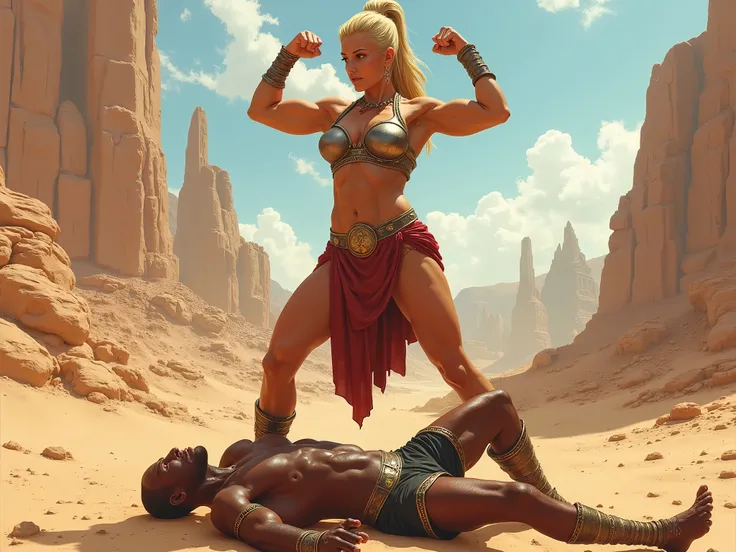 the photo of a muscular blond topless gladiatrix flexing her biceps and standing in victory over "a muscular bald african male warrior crawling on the ground" in the desert