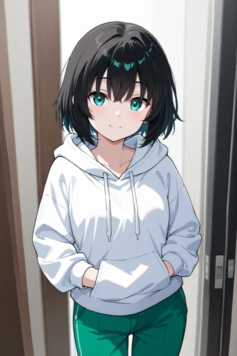 I am Japanese.。I'm in my twenties。The hair is black and both sides have been trimmed。Change the top to all back1I'm taking it off in the back due to the construction。Your face is full of confidence。I'm wearing a white hoodie and green work pants。