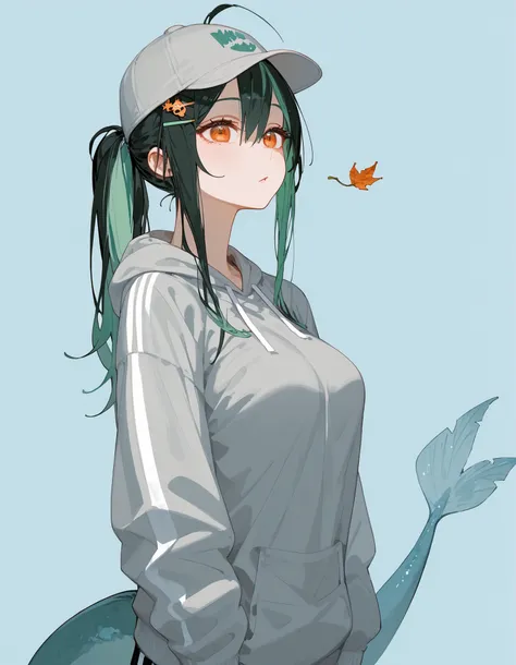 girl,ผมสีดำ,Green Hair,Two tone hair, black hair,medium breasts,slim,girlปลาดุ,Tall Blouse,Light Blue Background,long hair,Antenna ,Sweatshirt,In Light Orange Eyes,slim,Milf,Small Tapered Face,Gray Green Fish Tail, hair a little messy,Tall cap, small leave...