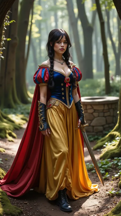 Jenna Ortega reimagined as Snow White-Warrior walking and holding a short, ornate sword, dramatic atmosphere, 1 female, full figure, full body, 

Her short, wavy black hair is now partially pulled back into tight braids for combat, but the signature red sa...