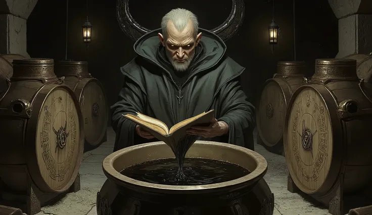 rompt:
"Deep beneath a forgotten monastery, the brewery stands—a cathedral of stone and shadow, lit by smoldering braziers and lanterns filled with ever-burning pitch. Fermenters tower like arcane engines, their riveted shells humming with forbidden resona...