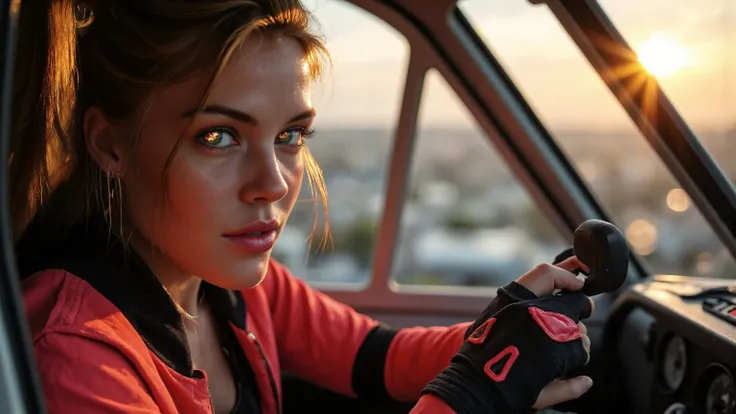 Close-up shot of a super-powered girl's intense gaze, eyes aglow with energy, as she expertly pilots her sleek light ship amidst the golden hour sky. The warm sunlight casts a radiant glow on her determined face, illuminated by the cockpit window showcasin...