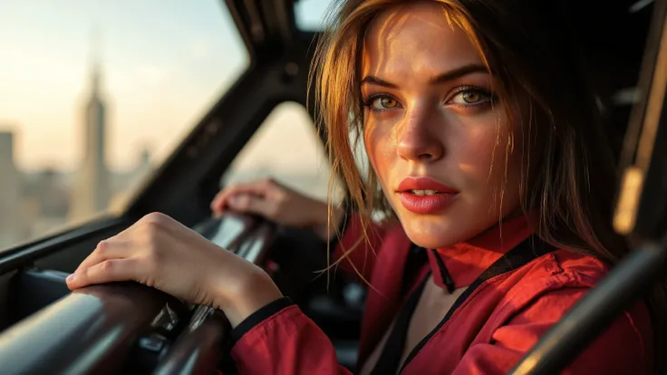 Close-up shot of a super-powered girl's intense gaze, eyes aglow with energy, as she expertly pilots her sleek light ship amidst the golden hour sky. The warm sunlight casts a radiant glow on her determined face, illuminated by the cockpit window showcasin...