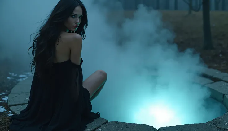 A captivating fantasy heroine resembling Megan Fox with long, wavy dark hair. She has piercing blue eyes, full lips, and a confident yet mysterious expression. Her hourglass figure with big breast is wrapped in a dark, ethereal, semi-transparent dress with...