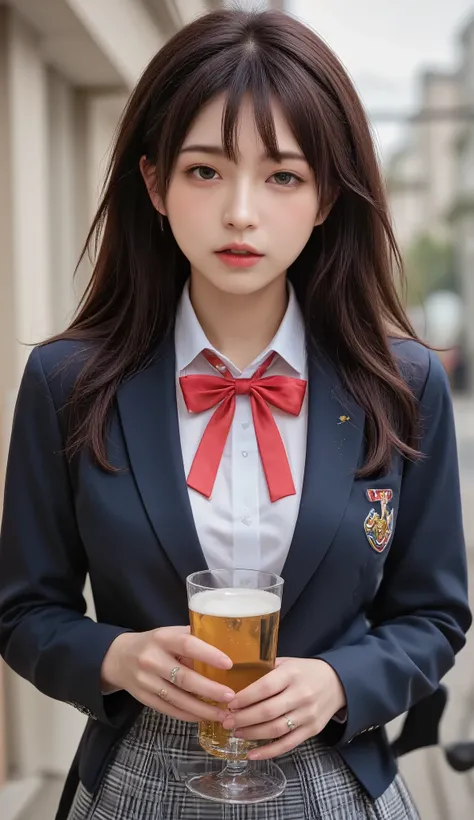 ((real mix、 Ultra High Resolution Images 、top quality、masterpiece))、((W a Japanese girls' high school、 navy blue blazer、emblem、white thin fabric blouse、red ribbon tie、check the miniskirt))、(( beautiful japanese girls 、long hair dyed pink、pretty face、二重eyel...