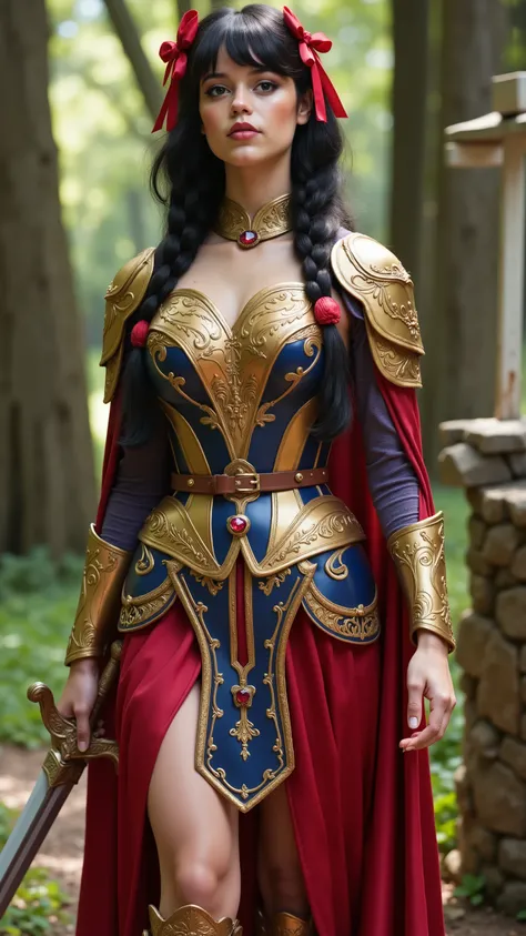 Jenna Ortega reimagined as Snow White-Warrior walking and holding a short, ornate sword, dramatic atmosphere, 1 female, full figure, full body, 

Her short, wavy black hair is now partially pulled back into tight braids for combat, but the signature red sa...