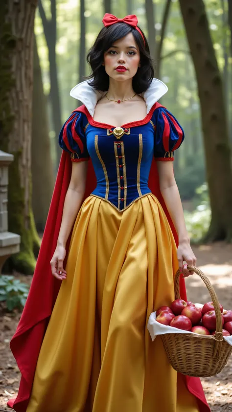 Jenna Ortega reimagined as Snow White walking and holding a woven wicker basket filled with red apples, dramatic atmosphere, 1 female, full figure, full body, 

Short, wavy black hair with soft curls frames her porcelain face. A bright red satin bow sits a...