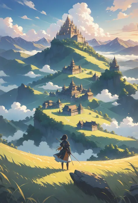 Masterpiece, hyper-detailed, anime oil painting by Makoto Shinkai, inspired by Studio Ghibli and fantasy illustrations.** A small female knight stands on a grassy foreground hill, her back to the viewer. She dons a strong adventurer outfit with a black, or...