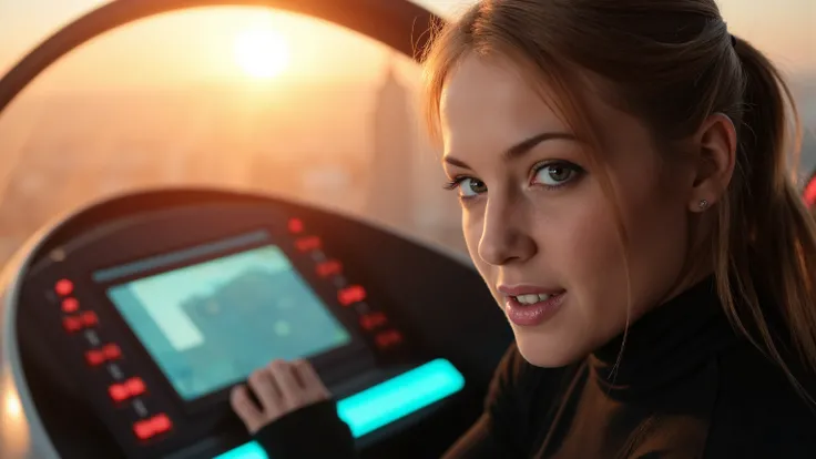Close-up shot of a super-powered girl's intense gaze, eyes aglow with energy, as she expertly pilots her sleek light ship amidst the golden hour sky. The warm sunlight casts a radiant glow on her determined face, illuminated by the cockpit window showcasin...