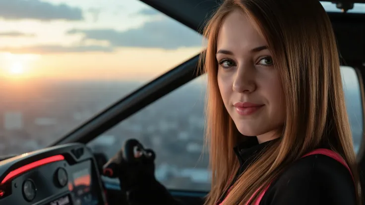 Close-up shot of a super-powered girl's intense gaze, eyes aglow with energy, as she expertly pilots her sleek light ship amidst the golden hour sky. The warm sunlight casts a radiant glow on her determined face, illuminated by the cockpit window showcasin...