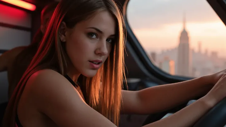 Close-up shot of a super-powered girl's intense gaze, eyes aglow with energy, as she expertly pilots her sleek light ship amidst the golden hour sky. The warm sunlight casts a radiant glow on her determined face, illuminated by the cockpit window showcasin...