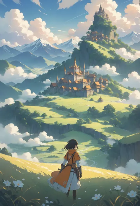 Masterpiece, hyper-detailed, anime oil painting by Makoto Shinkai, inspired by Studio Ghibli and fantasy illustrations.** A small female knight standing and relax harmony on a grassy foreground hill, her back to the viewer. She dons a strong adventurer out...
