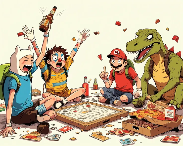 Group of 4 characters sitting in a circle on the floor, playing a board game, Finn (Adventure Time), a man with painted face and clown costume is holding a bottle, raises his hands excitedly and rejoices, a character wearing casual dinosaur clothes, Mario ...