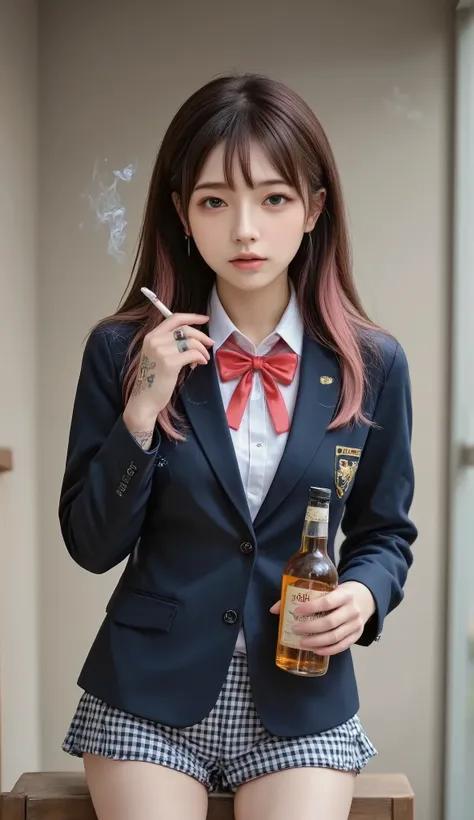 (real mix、 Ultra High Resolution Images 、top quality、masterpiece))、(( Japanese female middle school student、Young face、cute face、navy blue blazer、emblem、white thin fabric blouse、red ribbon tie、check the miniskirt))、(( beautiful japanese girls 、long hair dy...