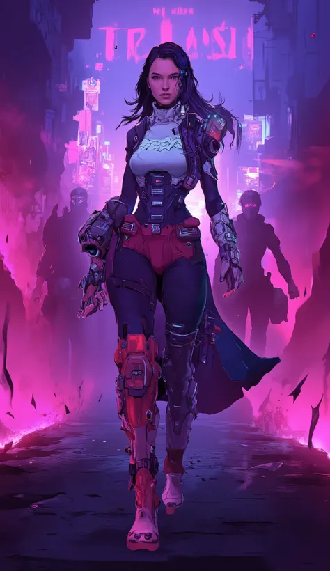 Full-body shot of a slim female game character (face fully visible, determined expression) leading a cyberpunk street rebellion in a WHITE high-neck combat bodysuit (with glowing circuit patterns) layered over a reinforced kilt (magenta fabric strips, chro...