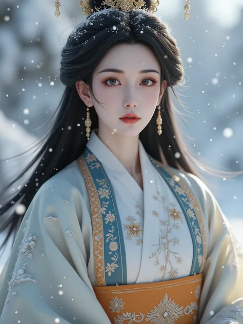 lz. A photorealistic image of an Asia woman,long hair, pale skin, hanfu, snow