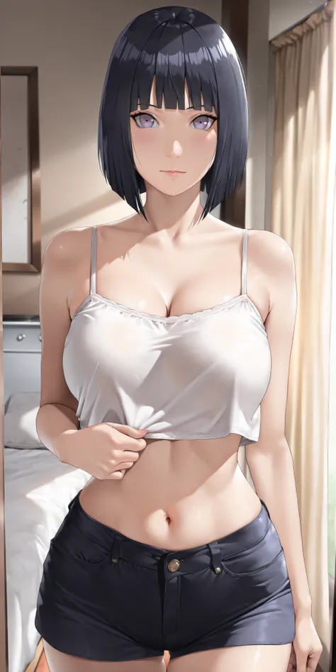 1 girl - Hinata Hyuuga from Boruto: Naruto Next Generations, mature female, housewife, dark navy hair, short bob hair, straight hair, slightly disheveled, crop top overhang, white camisole, front view, indoors, curtains, milf, soft light, high detailed, be...