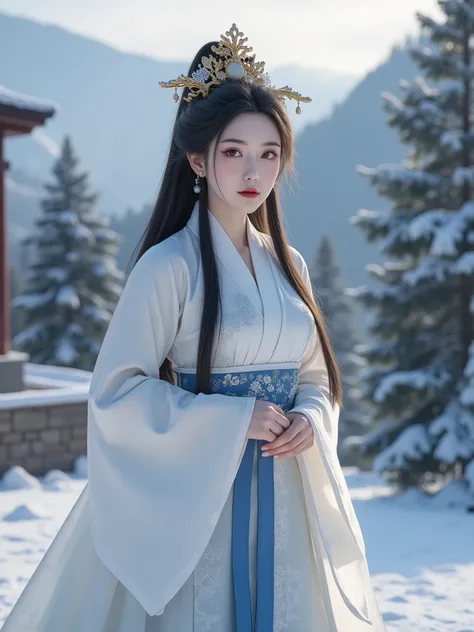 A photorealistic image of an Asian woman, long hair, hip up, pale skin, hanfu, snow, 8K, HDR, studio lighting, ultra-fine painting, sharp focus, physically-based rendering, extreme detail, professional, vivid colors, bokeh, detailed facial features, serene...