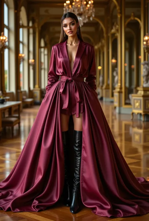 b3b4h4nv3flx in mulberry button down ball gown and black leather thigh high boots posing in a room, silk, satin, black, inspiration, onyx, amber, anja millen, wearing silk, essence, victoria, elegant style, detailed realistic skin texture, realskin, silky,...