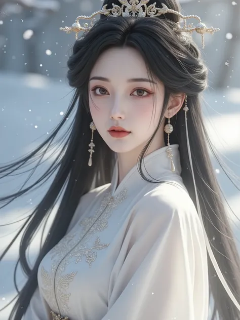 lz. A photorealistic image of an Asia woman,long hair, waist up,pale skin, hanfu, snow