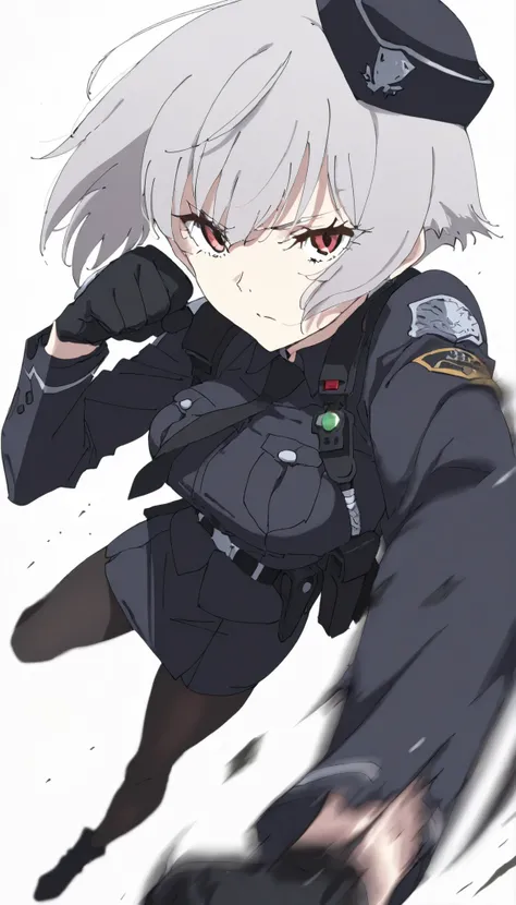 ((masterpiece)), (best quality), 1girl, solo, simple background, temptation, delicate face, Battle Pose , Punching, full body, silver short hair, long sideburn, Disdainful Eyes, Black Stockings, Damaged black police uniform, medium breasts, style: midjou...