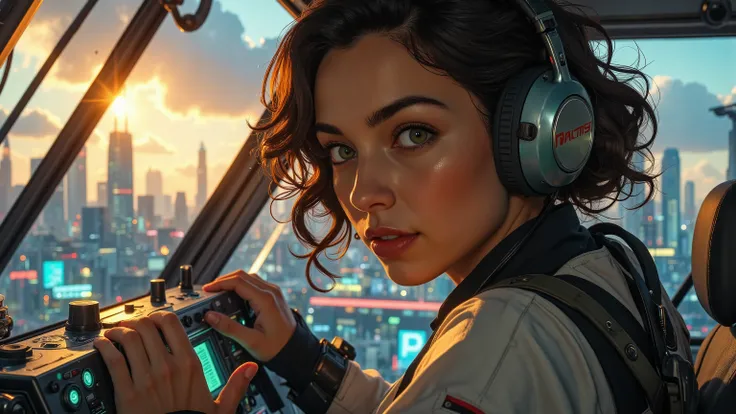 Close-up shot of a super-powered girl's intense gaze, eyes aglow with energy, as she expertly pilots her sleek light ship amidst the golden hour sky. The warm sunlight casts a radiant glow on her determined face, illuminated by the cockpit window showcasin...