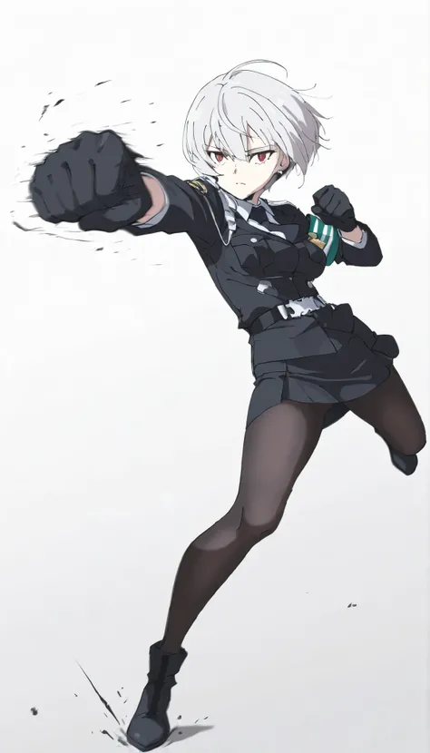 ((masterpiece)), (best quality), 1girl, solo, simple background, temptation, delicate face, Battle Pose , Punching, full body, silver short hair, long sideburn, Disdainful Eyes, Black Stockings, Damaged black police uniform, medium breasts, style: midjou...