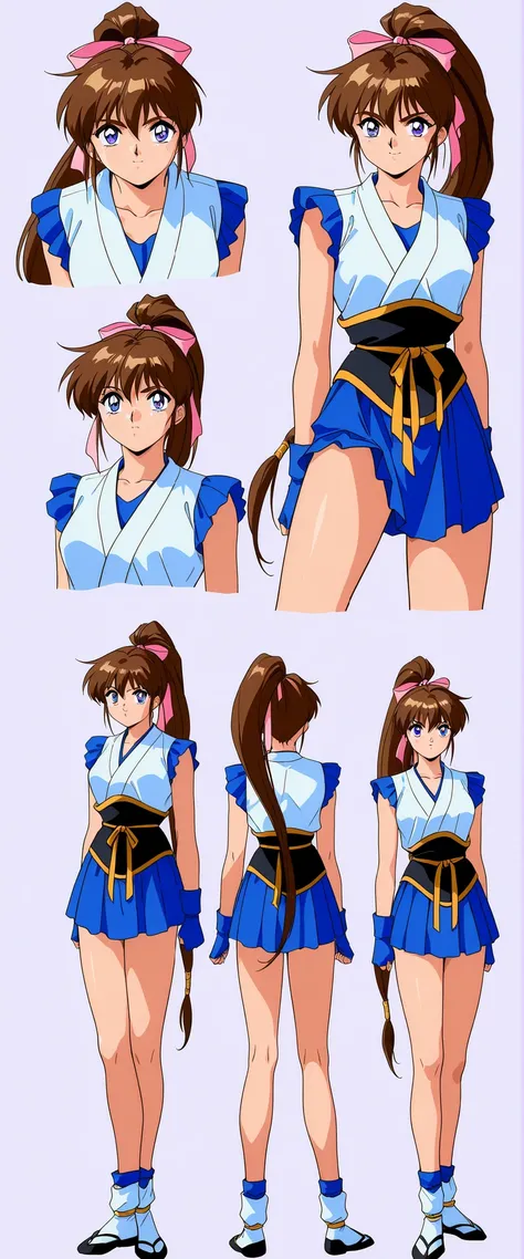 score_9, score_8_up, score_7_up,1990s \(style\),anime coloring,BREAK,1girl, Amatsu_Ai, brown hair, ponytail, very long hair, ribbon, hair ribbon, hair bow, breasts, blue eyes, bangs, purple eyes, high ponytail, full body,BREAK, hagoromo, blue gloves, finge...
