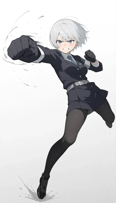 score_9, score_8_up, score_7_up, ((masterpiece)), (best quality), 1girl, solo, 简单背景, 魅惑, delicate face, 战斗姿势, 冲拳, full body, silver short hair, long sideburn, angry face, 鄙夷的眼光, 黑色絲襪, 损坏的黑色警服, medium breasts, style: midjourney, white background, 两点透视, 冲击力的...
