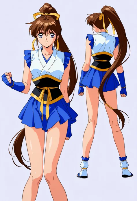 score_9, score_8_up, score_7_up,1990s \(style\),anime coloring,BREAK,1girl, Amatsu_Ai, brown hair, ponytail, very long hair, ribbon, hair ribbon, hair bow, breasts, blue eyes, bangs, purple eyes, high ponytail, full body,BREAK, hagoromo, blue gloves, finge...