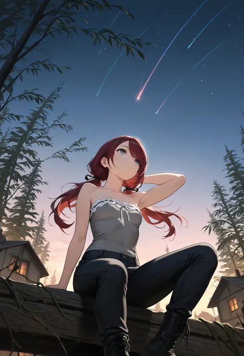 (masterpiece, best quality), solo, intricate details, JK, 1 expressionless girl, head tilt, from below, looking up, stars, shooting star,sitting atop tree branch, close up, beautiful face, Gray eyes, Dark red hair, long swept bangs, long hair in low twin t...