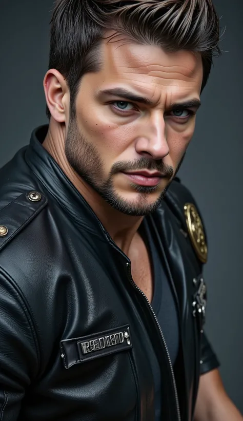  realistic :1.3,( fotor realistic , 8K,  RAW photos, Premium quality,  masterpiece,  epic lighting .  close, centered image), ( close up ),((1 handsome and muscular man,  police dress,  Perfectly detailed face and body, ( close up ),  for the cover of Heav...