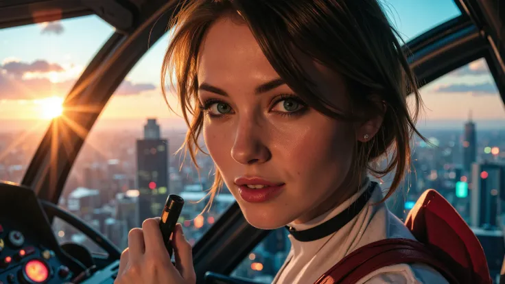 Close-up shot of a super-powered girl's intense gaze, eyes aglow with energy, as she expertly pilots her sleek light ship amidst the golden hour sky. The warm sunlight casts a radiant glow on her determined face, illuminated by the cockpit window showcasin...